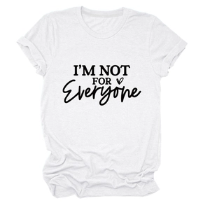 Detail of white cotton crewneck t-shirt with I'm Not For Everyone slogan and rolled sleeves