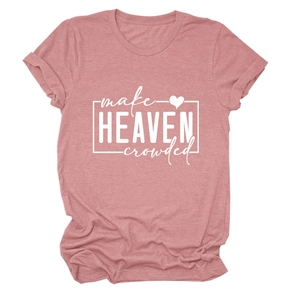 Detail of dusty rose T-shirt with white 'make HEAVEN crowded' text and heart graphic