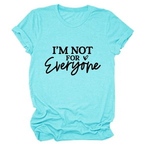 Detail of light blue round neck T-shirt featuring I'M NOT FOR EVERYONE text and rolled sleeves