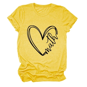 Close-up of heart pattern with math text on yellow cotton short sleeve T-shirt