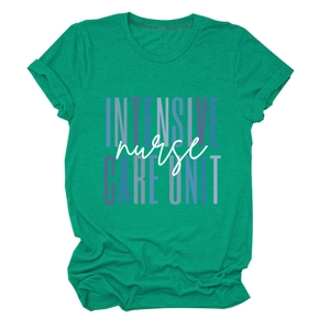 Detail of green Intensive Care Unit Nurse T-shirt showing fabric texture and typography