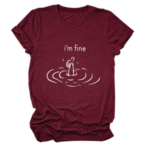 Detail of the humor graphic print on a burgundy crew neck cotton blend t-shirt