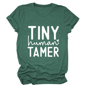 Detail of Tiny Human Tamer graphic on dark green round neck short sleeve cotton T-shirt