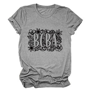 Detail of floral and BCBA letter print on grey cotton short-sleeved T-shirt