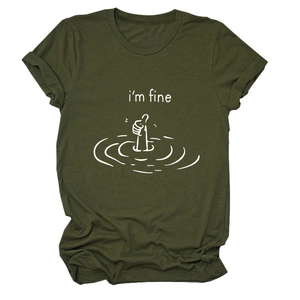 Detail of army green cotton t-shirt featuring i'm fine text and hand gesture print