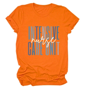 Detail of Intensive Nurse Care Unit print on bright orange round neck cotton t-shirt