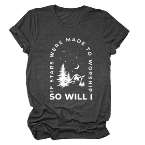 Detail of grey t-shirt featuring mountain print and If Stars Were Made To Worship text
