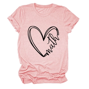 Detail view of pink cotton t-shirt featuring heart outline and math script printing