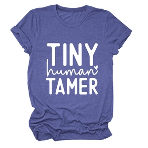 Detail of Tiny Human Tamer text print on purple soft cotton crewneck t-shirt
