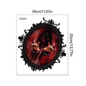 Halloween scary mirror wall sticker with ghost hands and red eyes decor, 30x35cm size view
