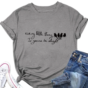 Detailed view of grey Every Little Thing graphic tee with bird print and denim shorts