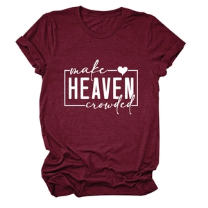 Detailed flat lay of maroon t-shirt with white 'make HEAVEN crowded' slogan print