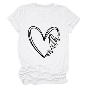 Detail of white cotton T-shirt featuring a minimalist heart print and math text design