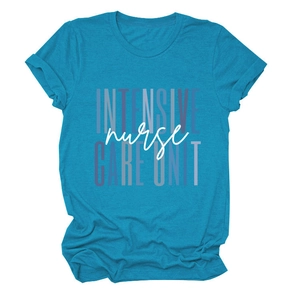 Teal heathered T-shirt detail showing Intensive Care Unit Nurse printed text design