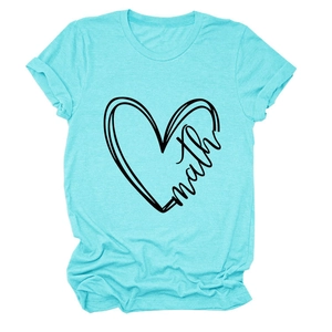 Detail of blue cotton T-shirt featuring a heart line graphic and math print on chest