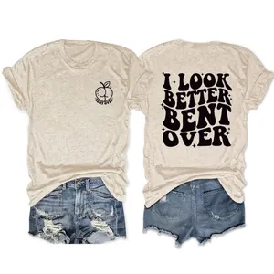 Women T-Shirt Cotton Blend Short Sleeve Round Neck Double Sided Slogan Print Casual Streetwear Loose Fit Top