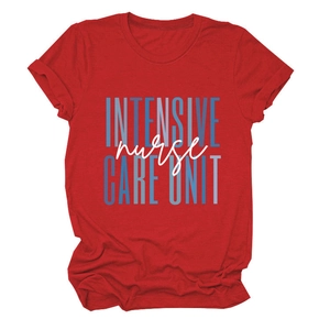 Close-up of Intensive Care Unit Nurse graphic print on red cotton crew neck t-shirt