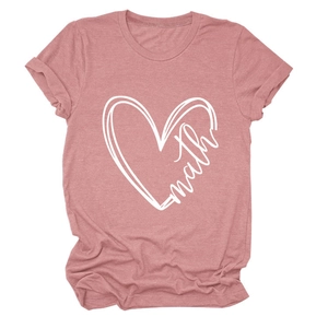 Detail of pink cotton T-shirt featuring a large white hand-drawn heart and math graphic print