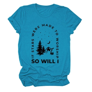 Detailed view of heather teal t-shirt featuring a mountain and starry sky graphic print