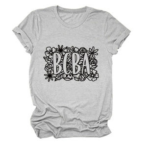 Detailed view of BCBA floral print on a grey casual cotton-blend crew neck t-shirt
