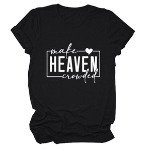 Close-up of white letter print and heart pattern on black cotton crewneck T-shirt