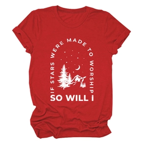 Close-up of red crew neck cotton T-shirt with white nature landscape graphic print