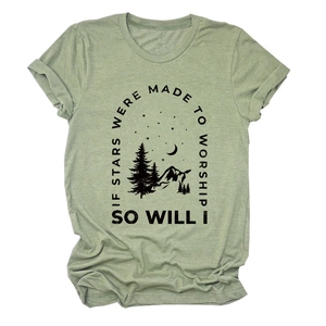 Sage green short sleeve T-shirt with mountain and star print If Stars Were Made To Worship