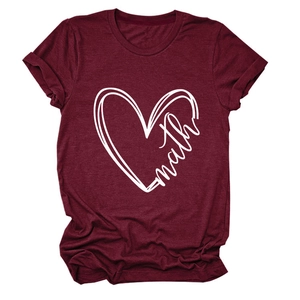 Detail of burgundy T-shirt showing white heart print with handwritten math text