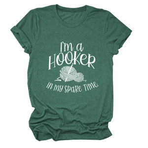 Heather dark green crew neck T-shirt with white 'I'm a Hooker' crochet graphic print