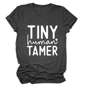 Detail of Tiny Human Tamer text print on dark grey soft cotton blend t-shirt