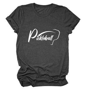 T-shirt grigio scuro a maniche corte da donna con stampa pickleball e girocollo