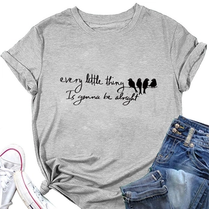 Detail of grey Every Little Thing Is Gonna Be Alright T-shirt with birds graphic and knotted hem