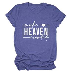 Detail of violet blue short sleeve t-shirt featuring make HEAVEN crowded text and heart