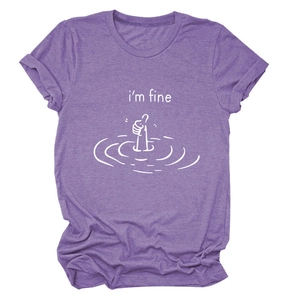 Detail of the humor i'm fine drowning thumb print on a heather purple cotton blend t-shirt
