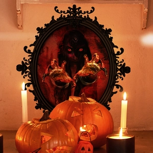 Halloween retro mirror wall decor with scary ghost hand and pumpkins in spooky scene