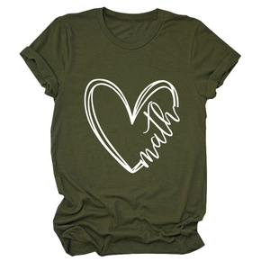 Detail of army green cotton T-shirt featuring a heart-shaped math print and crew neck