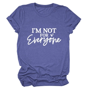 Detail of indigo blue crew neck T-shirt featuring 'I'm Not For Everyone' graphic print