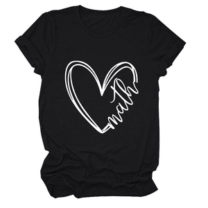 Black cotton short-sleeve T-shirt featuring a minimalist white heart math graphic print