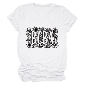Detail of floral BCBA letters print on white cotton crewneck short sleeve T-shirt