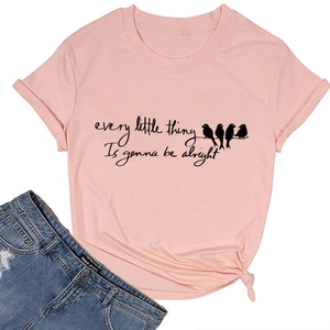 Pink cotton T-shirt featuring bird print and a stylish knot detail on the hemline