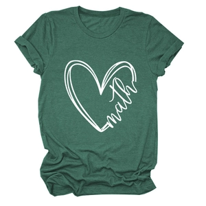 Detail of forest green cotton T-shirt featuring a white heart math graphic print