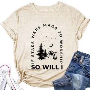 Women's Graphic T-Shirt Cotton Blend Short Sleeve Round Neck Mountain Starry Sky Print Casual Loose Streetwear Tops