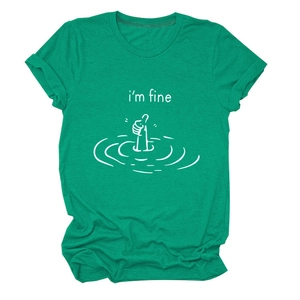 Macro detail of the i'm fine graphic print on emerald green cotton t-shirt fabric