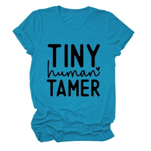 Detail of teal cotton T-shirt featuring TINY human TAMER letter print and soft crew neck
