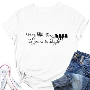 Detail of white cotton T-shirt with 'every little thing' text and bird graphic print