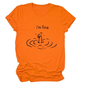 Detail of soft bright orange cotton T-shirt featuring I'm Fine drowning humor print