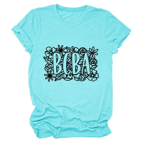 Detail of light blue T-shirt featuring BCBA text and floral print on cotton fabric