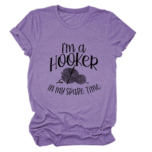 Heather purple short sleeve T-shirt with hooker slogan and crochet illustration