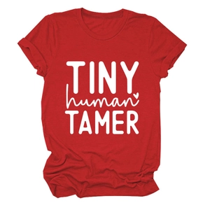 Detail of red crew neck T-shirt featuring TINY HUMAN TAMER white graphic print