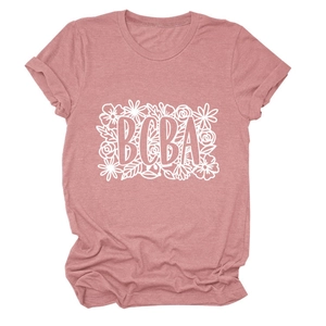 Detail of BCBA floral print on dusty rose short sleeve T-shirt with knit texture